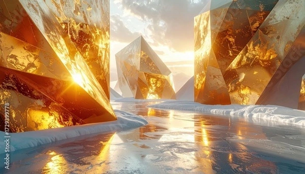 Fototapeta An abstract, surreal scene of a frozen landscape with massive golden crystal or ice formations.