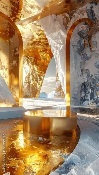 Fototapeta A surreal and majestic scene of a golden archway inside an icy cave with a frozen floor.