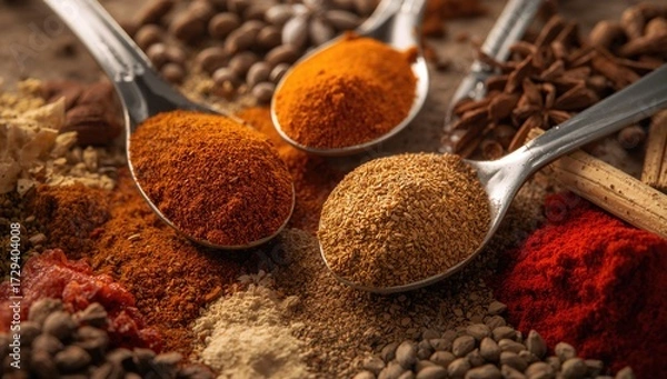 Fototapeta Detailed view of spoons filled with powdered seasonings