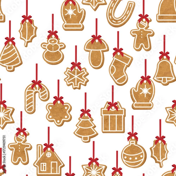 Fototapeta Seamless vector pattern with gingerbread Christmas cookies hanging on red ribbons. Festive holiday background with traditional shapes for winter celebration and decoration.