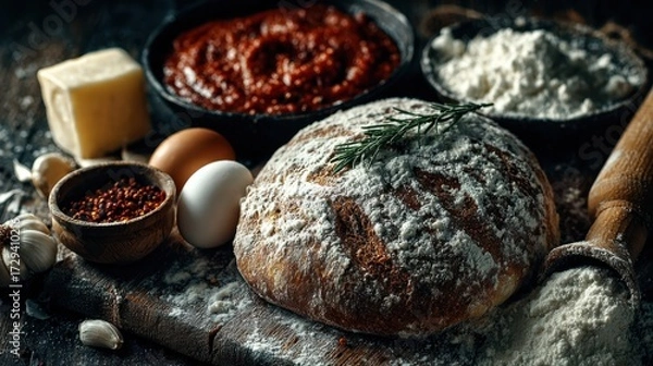 Fototapeta Freshly baked rustic bread with ingredients and baking tools
