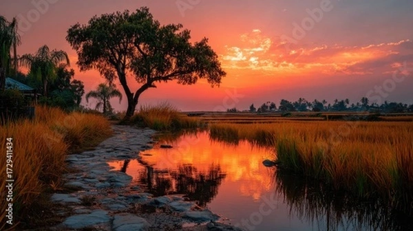 Fototapeta Serene Sunset Over a Reflective Wetland with Tree and Pathway