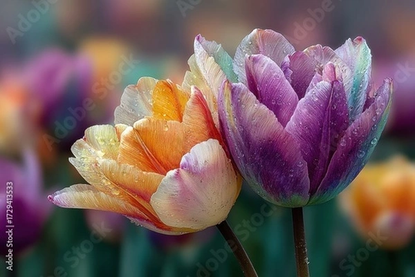 Fototapeta Close-up of colorful tulips with dewdrops in a garden