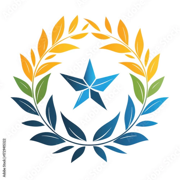 Fototapeta Blue star encircled by colorful laurel wreath design