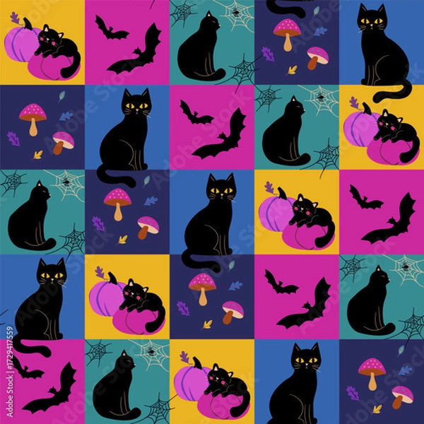 Fototapeta Vector seamless Halloween pattern with black cats, pumpkins, bats, spider webs, mushrooms and autumn leaves on dark purple background.