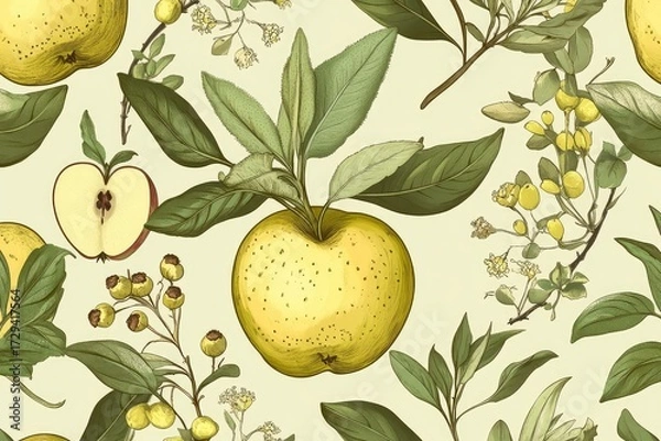 Obraz Seamless Botanical Fruit and Herb Pattern Warm Colors