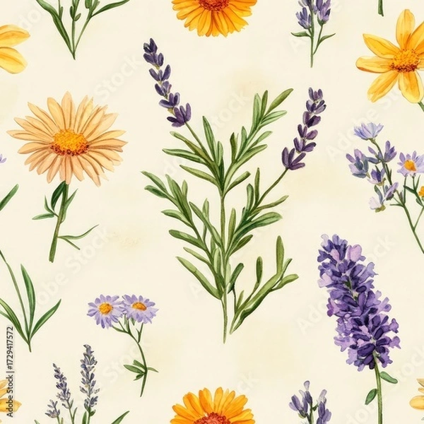 Obraz Watercolor Herbal Pattern Lavender Thyme Seamless