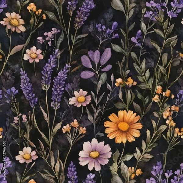 Obraz Watercolor Herbal Pattern Lavender Thyme Seamless