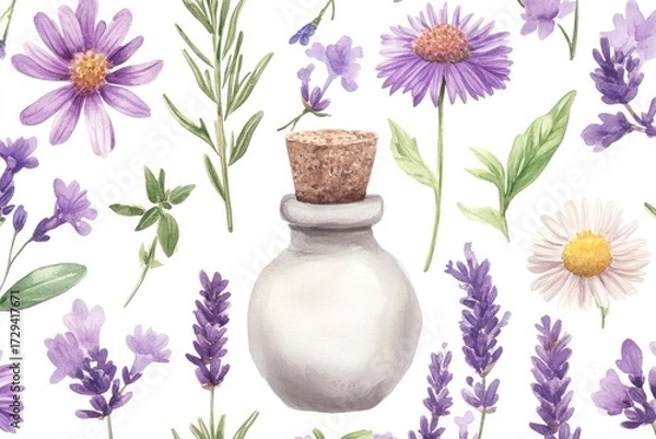 Obraz Watercolor Seamless Pattern of Thyme Lavender Meadow Herbs