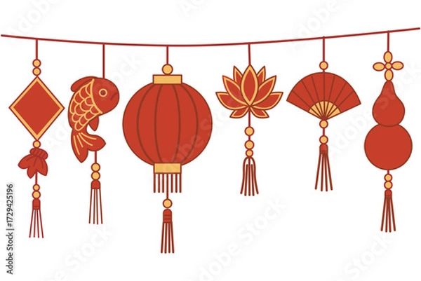 Fototapeta Asian decorations and Chinese lanterns with red tassels and festival ornaments for Lunar New Year. Spring Festival lucky fish and lotus flower and folding fan with festive garland. 