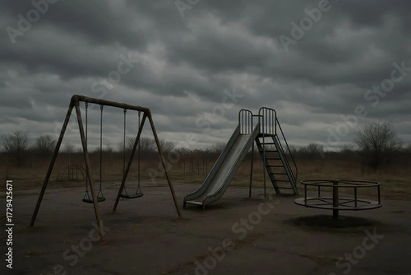 Obraz An abandoned playground sits under a somber, cloudy sky, evoking a sense of desolation. Rusty equipment suggests a forgotten past and uncertain future.