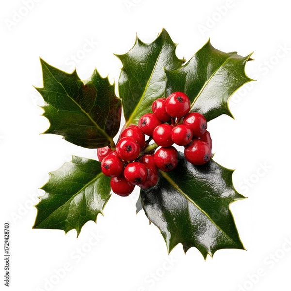 Fototapeta A sprig of holly with red berries and green leaves isolated on transparent background