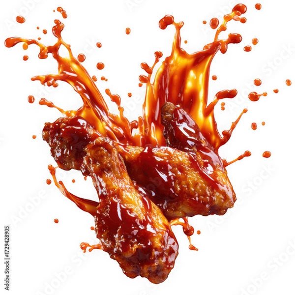 Fototapeta Three buffalo chicken wings with hot sauce splashing around isolated on transparent background