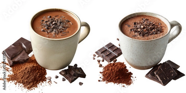 Fototapeta Two cups of hot chocolate with chocolate shavings and pieces isolated on transparent background