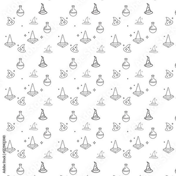 Obraz Halloween Seamless Pattern: Witch Hats, Potions, and Stars in Outlined Style
