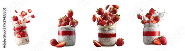 Fototapeta Four glass jars filled with fresh strawberries and cream, isolated on transparent background