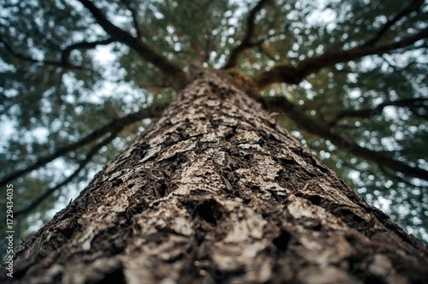 Fototapeta Close-up of the rugged, textured surface of a cork oak bark, viewed from the base looking up the tree trunk.