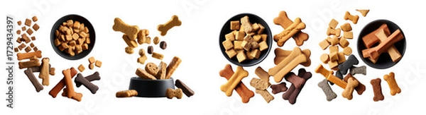 Fototapeta Collection of dog biscuits and treats in bowls and scattered, isolated on transparent background