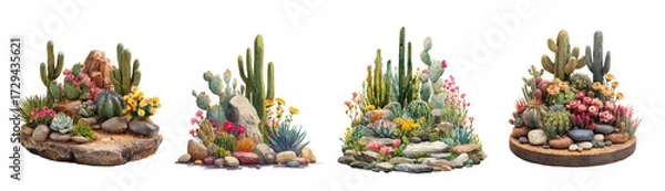 Fototapeta Four small desert succulent arrangements with rocks and sand, isolated on transparent background