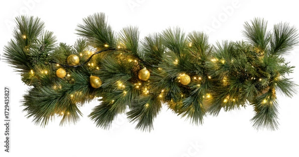 Fototapeta A festive christmas garland with green pine needles, golden baubles, and warm white fairy lights, isolated on transparent background