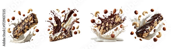 Fototapeta Four energy bars with nuts and chocolate, splashing into milk, isolated on transparent background