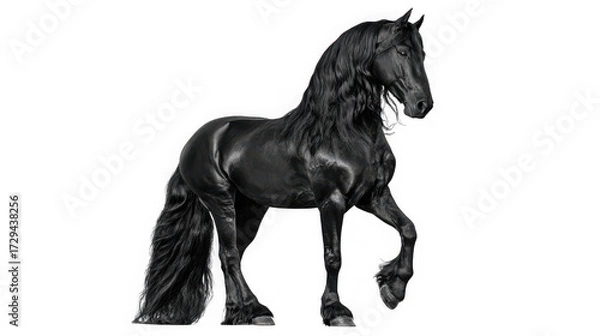 Fototapeta A majestic black friesian horse with a long mane and tail standing proudly isolated on transparent background