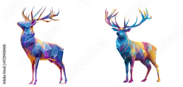 Fototapeta Two abstract polygonal deer with colorful geometric patterns, isolated on transparent background