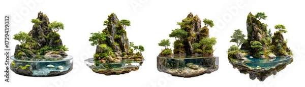 Fototapeta Four miniature bonsai trees on rocky islands with water, isolated on transparent background