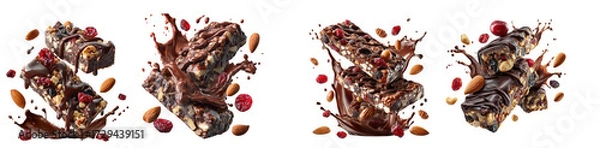 Fototapeta Four chocolate granola bars with nuts and berries splashing in chocolate, isolated on transparent background