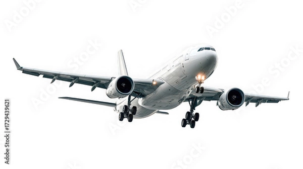 Fototapeta A large, modern passenger airplane in midflight, isolated on a transparent background