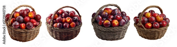 Fototapeta Four woven baskets filled with ripe plums, isolated on transparent background