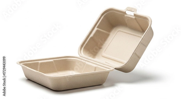 Fototapeta Open empty clamshell container isolated on white background, made from sustainable material, ideal for takeout food packaging, ecofriendly and biodegradable