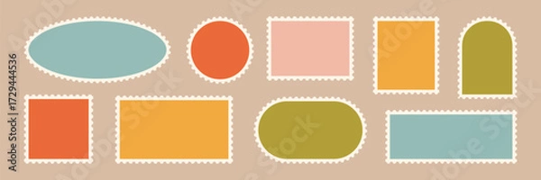 Fototapeta Empty stamp shape retro label collection. Postage stamp set isolated vector. Scalloped edge postal frame. Postal rectangle oval square circle sticker template