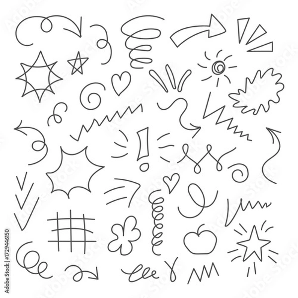 Fototapeta Vector hand drawn doodles set. Playful doodle scribble style icons. Arrow, star, swirl, heart, sun. Modern Minimal black line child drawings. Sketch for education, infographic, sticker, web design