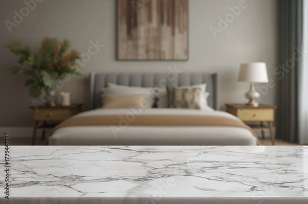 Fototapeta Blank marble tabletop against a softly blurred indoor setting, ideal for product showcase or design presentation mockup
