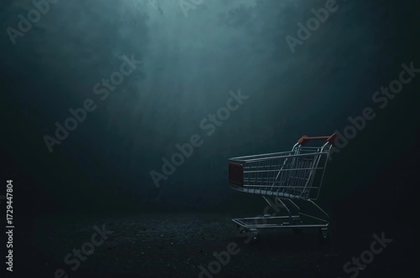 Fototapeta Empty Shopping Cart Against a Dim Misty Backdrop with Ample Space for Text. Economic Downturn Theme. Focused Area Highlighted
