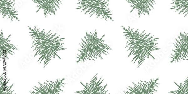 Fototapeta Green Christmas trees sketches, seamless pattern, vector hand drawn background, paper, wallpaper, wrapper, print