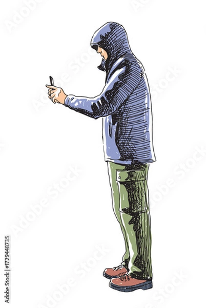 Fototapeta One young modern man photographing on smartphone, standing, jacket  hood, profile view, outdoors, realistic sketch, vector outline hand drawing, white background