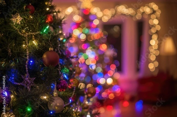Fototapeta Festively adorned room with glowing lights and a Christmas tree, softly blurred for a photographic backdrop