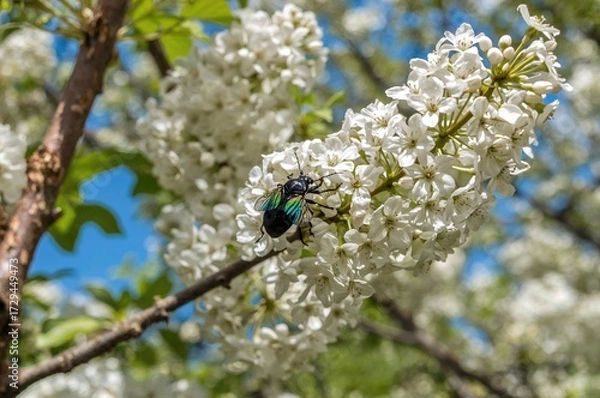 Fototapeta Insect resting on a white lilac twig during springtime