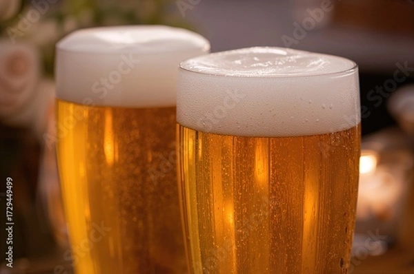 Fototapeta Close-up of tall glasses filled with light golden beer topped with foam