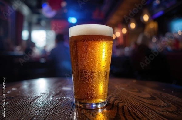 Fototapeta Foamy Beer Served in a Glass on a Rustic Wooden Surface. Celebration of Craft Brews. Close-up of Alcoholic Beverage in a Bar Setting.