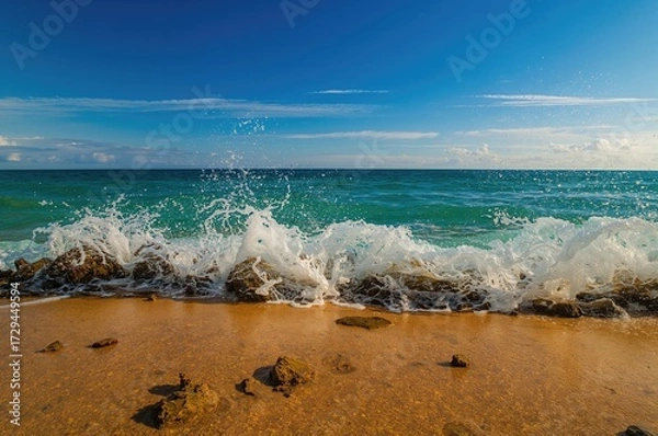 Fototapeta The charm of ocean waves breaking against jagged rocks adds a special touch to the coastal scenery.