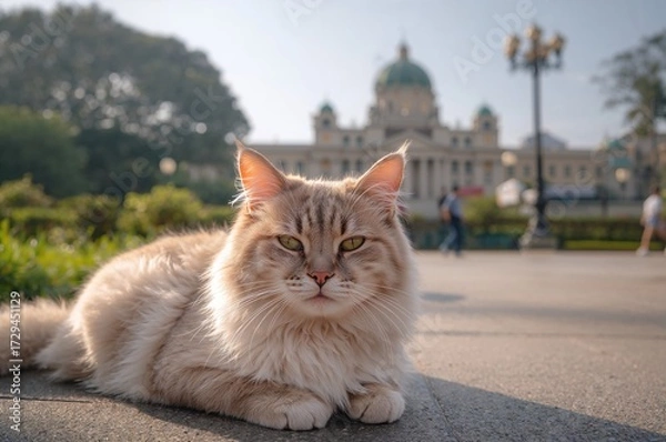 Fototapeta A Feline Lounging Close to a Historic Plaza
