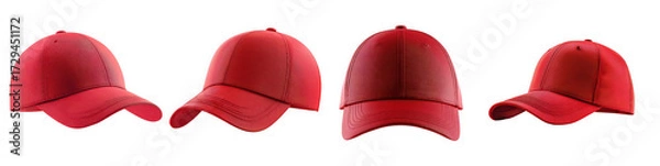 Fototapeta Four red sequined baseball caps shown from different angles, isolated on transparent background