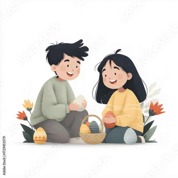 Obraz Siblings laughing while hunting colorful eggs in garden for Easter  