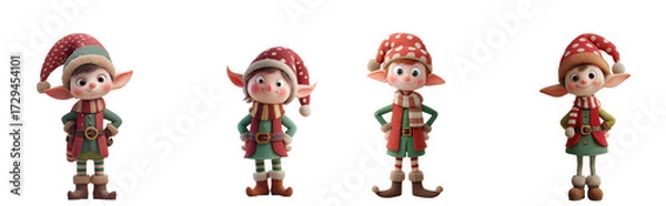Fototapeta Four cute christmas elves wearing red and green outfits and hats, isolated on transparent background