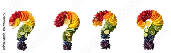 Fototapeta Four question marks made of fresh fruit and vegetables, isolated on transparent background