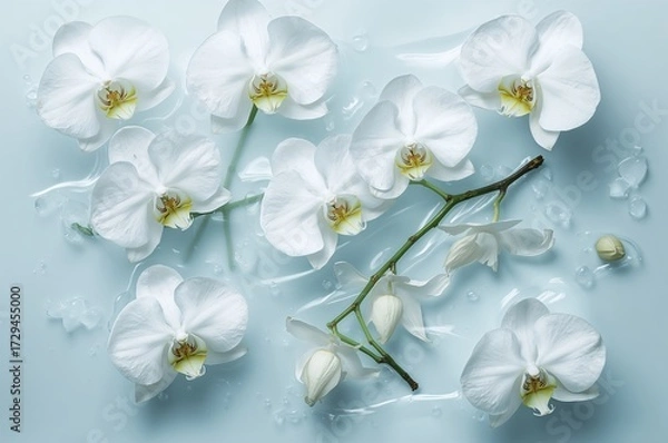 Fototapeta Elegant orchid blossoms floating in water against a pale blue backdrop, overhead view