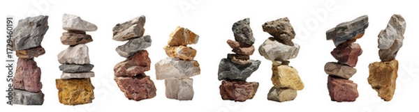 Fototapeta Several balanced stacks of various stones and rocks, isolated on transparent background